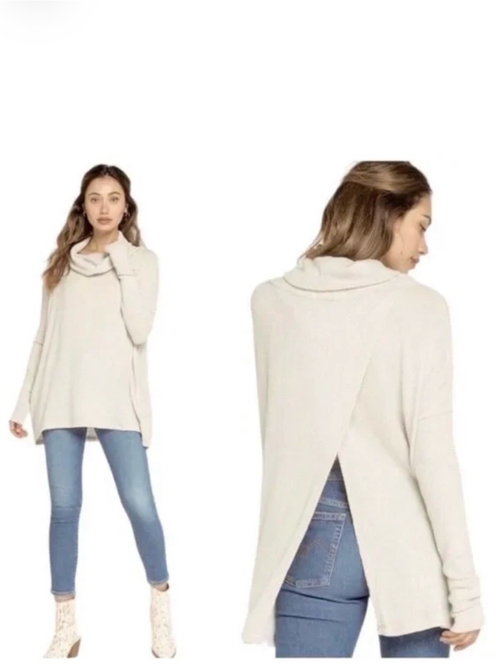 We The Free Ribbed Cowl Neck Sweater in Camel Brown